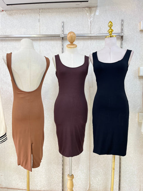 Deep Round Neck Backless  Body con Dress
